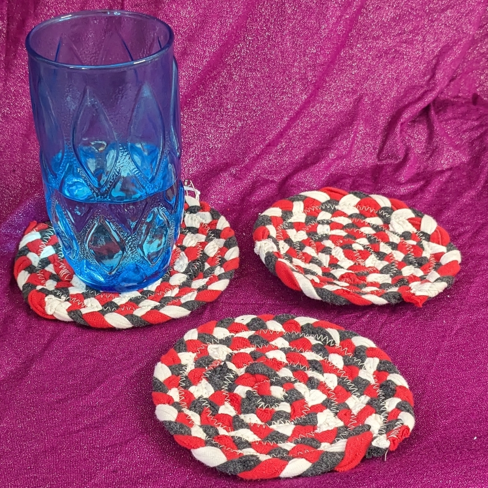Upcycled fabric coasters- bright red, cream and grey (3 of 3)